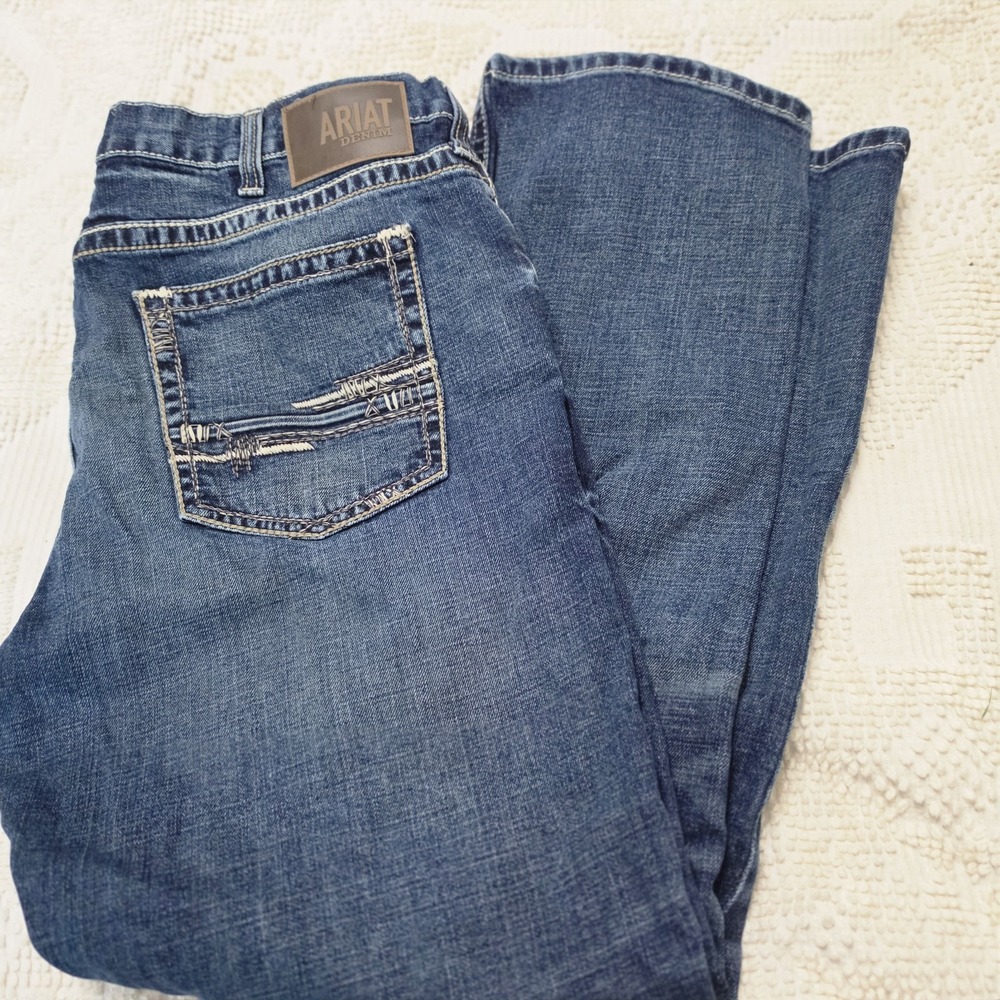 Ariat Men's 40x32 Straight Fit Denim Jeans Blue Button Zip Logo Country Boy Hot